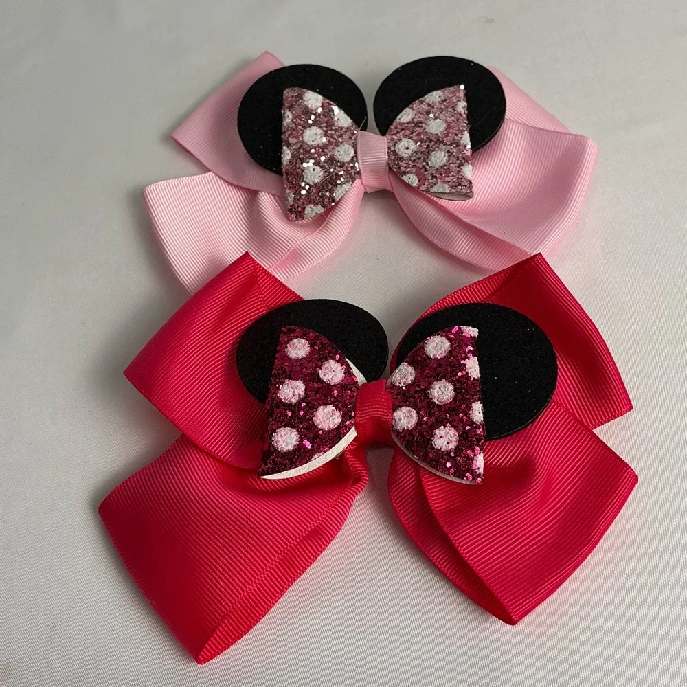 2 Mickey Mouse Pink and Red Bow Hair Clips